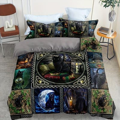 Witchy Charm: Black Cat Duvet Cover Set – Soft and Stylish Bedding for a Magical Bedroom(1*Duvet Cover + 2*Pillowcases, Without Core)