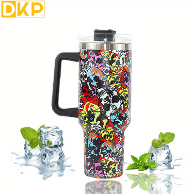 40oz Skull Colorful Tumbler: 304 Stainless Steel, Vacuum Insulated, Portable Car Cup Tumbler With Handle & Straw - The Perfect Gift for Any Occasion!