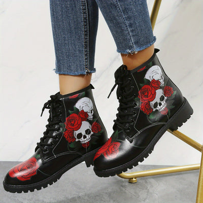 Stylish and Edgy: Women's Rose Skull Print Short Boots – Comfortable Closed Toe Lace-up Ankle Boots for Fashion-forward Women