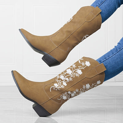 Fashionably Floral: Women's Embroidered Western Mid-Calf Boots with Block Heels - A Cowgirl's Must-Have