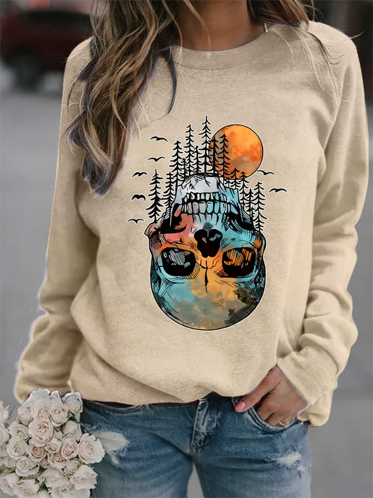 Stay comfortable and look cool during your Halloween weekend and every day with the Spooky Chic sweatshirt, designed with a festive skull forest print. Featuring a lightweight material and soft inner lining, this classic crewneck sweatshirt is perfect for casual wear. Perfect for layering, it's sure to become a wardrobe staple.