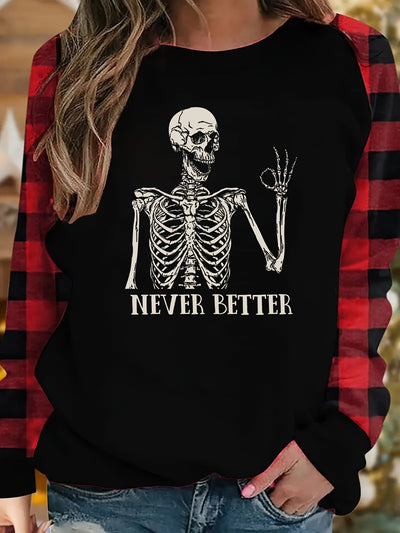 This Halloween Skeleton & Never Better Print T-Shirt is perfect for any occasion in Spring, Fall, or even over the summer. The lightweight and breathable material is gentle on the skin, while the casual Raglan Sleeve design ensures comfort and free movement. Get it and feel the difference.