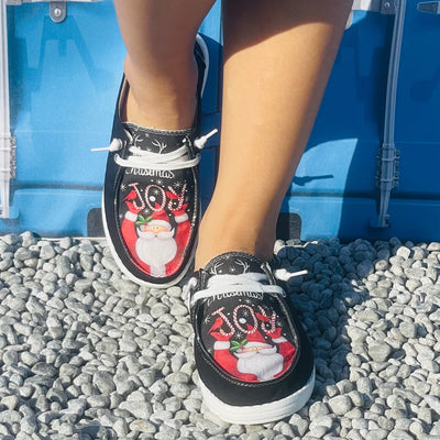 Festive and Comfy: Women's Cartoon Santa Claus Print Slip-On Shoes – Perfect for Christmas!