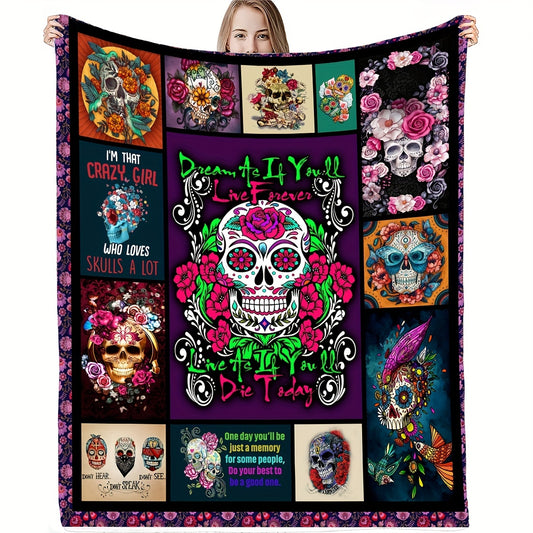 Stay warm and stylish in any season with this Colorful Skull Floral Print Flannel Blanket. Crafted from the finest flannel material, this throw blanket offers superior warmth and comfort. With its unique and lively pattern, you can elevate any room's aesthetic. Enjoy cozy nights year round with this stylish and luxurious blanket.