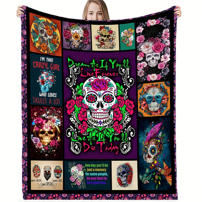 Stay warm and stylish in any season with this Colorful Skull Floral Print Flannel Blanket. Crafted from the finest flannel material, this throw blanket offers superior warmth and comfort. With its unique and lively pattern, you can elevate any room's aesthetic. Enjoy cozy nights year round with this stylish and luxurious blanket.