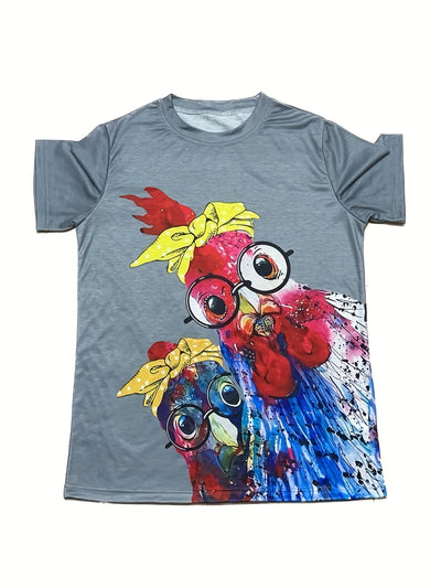 Cartoon Chicken Delight: Women's Casual Short Sleeve T-shirt with Quirky Print for Spring/Summer