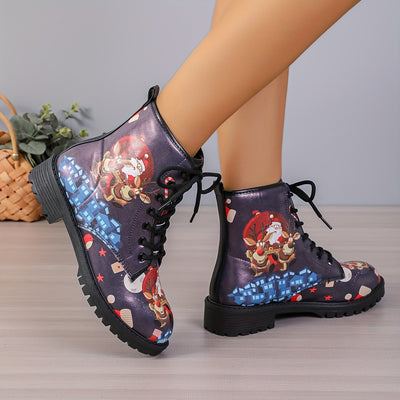 Discover the perfect holiday footwear with these fashionable women's combat boots featuring a unique Santa Claus and reindeer pattern. With a durable outsole and sturdy construction, these boots are sure to become your winter staple.