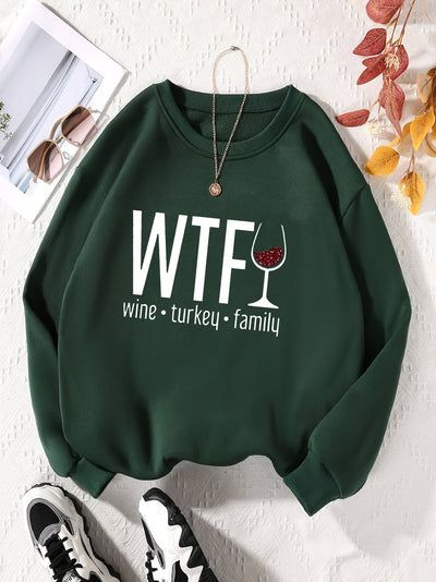 Wine Glass Letter Print Plus Size Casual Sweatshirt: Cozy and Stylish Fall/Winter Essential for Plus Size Women