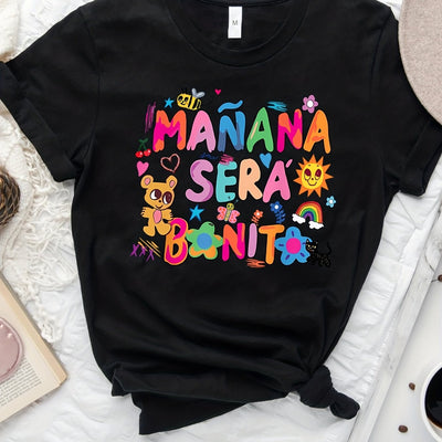 Cartoon & Colorful Letter Print T-Shirt, Short Sleeve Crew Neck Casual Top For Summer & Spring, Women's Clothing