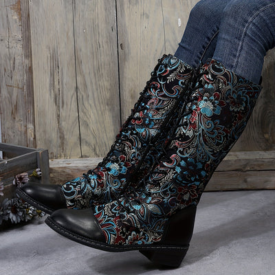 Step into Style with Women's Floral Pattern Trendy Boots: Comfy Platform, Lace-Up, and Side Zipper - Perfect for Winter!