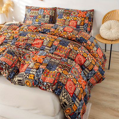 Boho Chic: Abstract Square Print Bedding Set for a Comfortable and Stylish BedroomLove Rose Print Duvet Cover Set: Soft and Comfortable Bedding for Bedroom and Guest Room(1*Duvet Cover + 2*Pillowcases, Without Core)