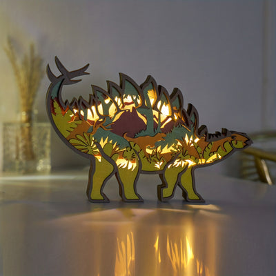 Dinosaur Delight: Stegosaurus Wooden Art Carving Light - Perfect Bedside Desk Decor and Soothing Night Light for Kids