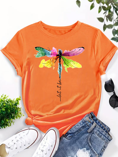 Colorful Dragonfly Print Crew Neck T-Shirt, Casual Short Sleeve T-Shirt For Spring & Summer, Women's Clothing