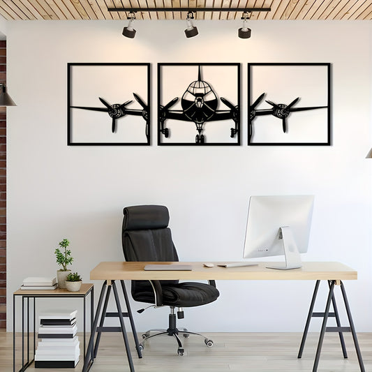 High-Flying Metal Wall Art: 3-Piece Aircraft Silhouette Decor Set for Home Décor, Restaurant, Café, and Garage