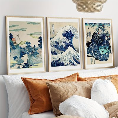 This set of three canvas art prints feature bold and beautiful traditional Japanese Woodblock designs. Printed on canvas, these prints have a vivid, sharp, and lasting color. High quality materials and luxurious craftsmanship make these prints the perfect wall decorations for any home or office.