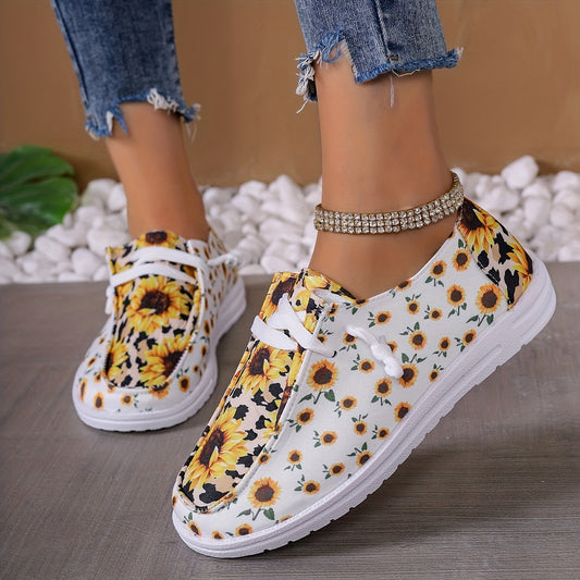 Women's Sunflower Design Pattern Canvas Shoes, Casual Lace Up Outdoor Shoes, Lightweight Low Top Sneakers