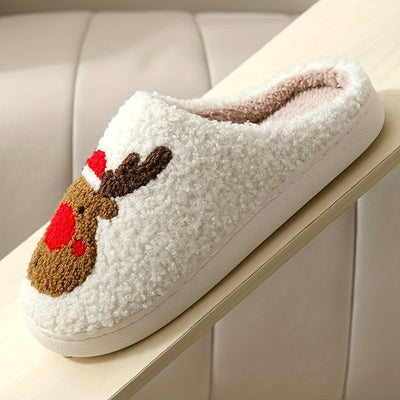 Festive Cartoon Christmas Deer Print Slippers: Slip-On, Non-Slip, Warm and Cozy Indoor Shoes