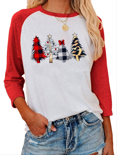 Festive Fashion: Women's Christmas Tree Print T-Shirt - Comfy Half-Sleeve Tee for the Holiday Season!