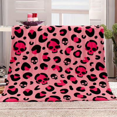 Cozy and Stylish: Pink Skull Leopard Print Flannel Blanket, Perfect for Couch, Sofa, Office, Bed, Camping, and Traveling