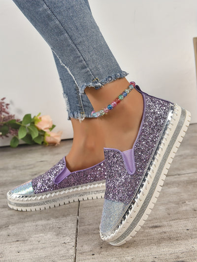 Sparkle and Shine in These Rhinestone Glitter Loafers: The Perfect Fashionable and Comfortable Slip-On Shoes for Women