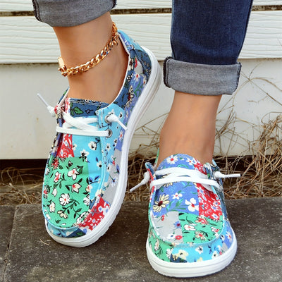 Coloful Flower Pattern Patchwork Boat Shoes for Women - Anti-Slip Lace-Up Walking Shoes