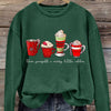 Festive Christmas Coffee Print Women's Crew Neck Long Sleeve T-Shirt: A Stylish Casual Top for a Memorable Vacation