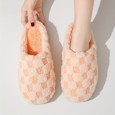 Cozy Plaid Pattern Warm Home Slippers: Slip-On, Round Toe, Non-Slip Fluffy Soft Sole Slides Shoes