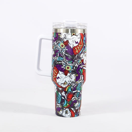 40oz Colorful Graffiti Skull Print Stainless Steel Leakproof Tumbler, Insulation Water Car Cup With Lid Straw For Outdoor Camping, Hiking, Driving, Birthday Gift