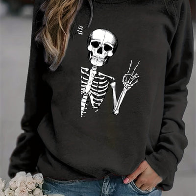 Stylishly Spooky: Halloween Skull Fun Print Sweatshirt - The Perfect Addition to Your Fall Wardrobe!