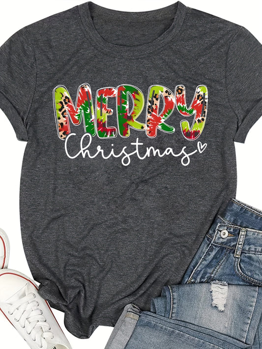 Merry Christmas Letter Print Crew Neck T-Shirt: Embrace Casual and Chic Style for Spring/Summer Women's Clothing