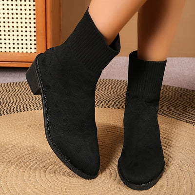 Stylish and Comfortable Women's Breathable Knit Chunky Heel Boots - Fashionable Slip-On Dress Boots for Ultimate Comfort