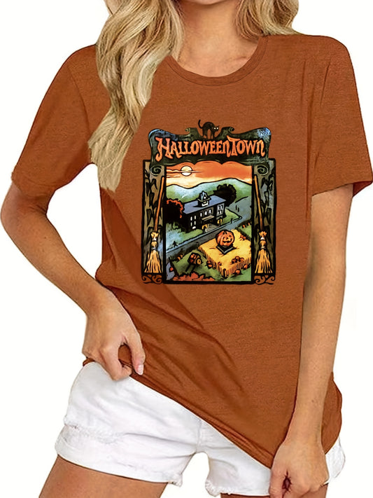 This Halloween Vibes t-shirt is a casual short sleeve for women's clothing. Crafted from cotton fabric, it features a crew neck and graphic print for a fashion-forward look. Perfect for Spring and Summer wear!