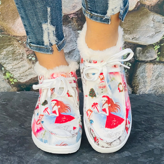 Stay warm and look chic in these Winter Wonderland Women's Fluffy Shoes. An eye-catching cartoon print adds a cool element to this stylish shoe, while the thickly padded non-slip sole ensures comfort and safety. Perfect for long winter walks.