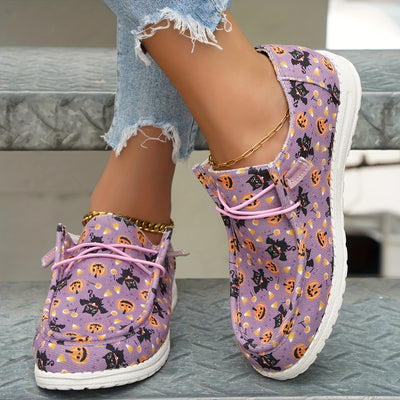 Pumpkin & Cat Pattern Print Canvas Shoes, Lightweight Low Top Halloween Shoes - Casual Lace Up Outdoor Shoes