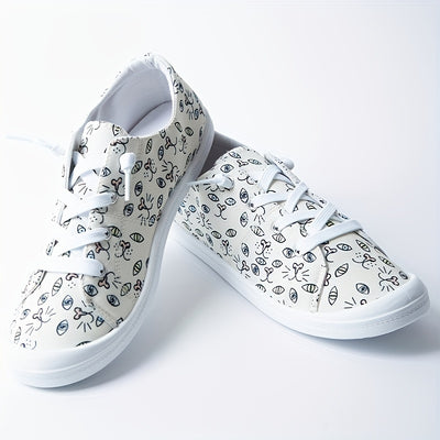 Cute and Comfortable: Women's Kawaii Cat Print Canvas Shoes - Lightweight Lace-Up Sneakers for Casual Outdoor Style