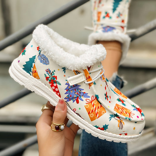 Festive Comfort: Women's Christmas Print Canvas Shoes - Plush Lined Sneakers for Casual Style