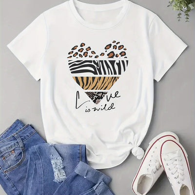 Stylish Leopard Zebra Heart Print T-Shirt: A Trendy Casual Top for Women