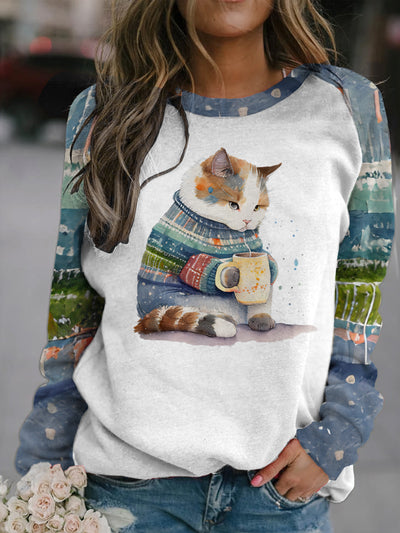 Adorable Feline Frenzy: Women's Cute Cat Print Crew Neck Sweatshirt - Casual, Long Sleeve & Drop Shoulder