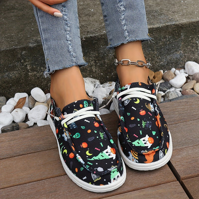 Halloween Haute: Women's Stylish Canvas Loafers with Spooky Pumpkin & Ghost Print