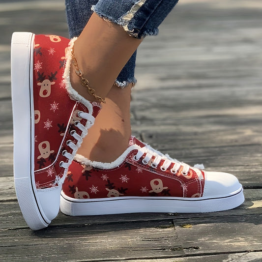 Add a festive flair to your look with these stylish reindeer pattern sneakers. The trendy raw trim canvas shoes provide casual comfort and a unique touch of holiday cheer. Perfect for any occasion, these shoes are sure to turn heads.