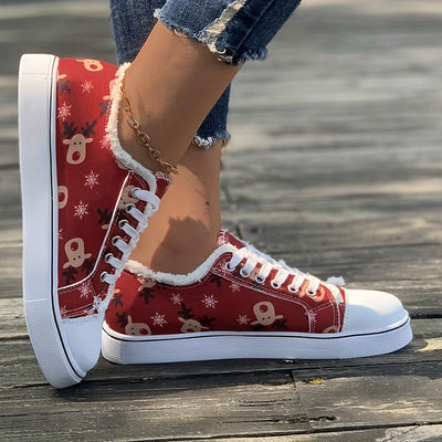 Add a festive flair to your look with these stylish reindeer pattern sneakers. The trendy raw trim canvas shoes provide casual comfort and a unique touch of holiday cheer. Perfect for any occasion, these shoes are sure to turn heads.