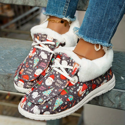 Warm and Festive: Women's Santa Claus Print Canvas Shoes - Casual Lace-Up Outdoor Shoes with Comfortable Plush Lining for a Cozy Christmas