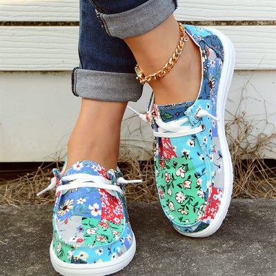 Coloful Flower Pattern Patchwork Boat Shoes for Women - Anti-Slip Lace-Up Walking Shoes