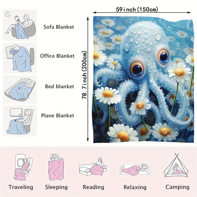 Ultra-Soft Octopus Daisy Pattern Blanket: Perfect Casual Sofa Throw for All-Day Comfort - High-Definition Digital Printing for a Vibrant Look - Multifunctional & Skin-Friendly Flannel Blanket