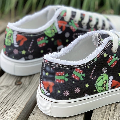 Step into Festive Fun with Women's Elf-Printed Canvas Sneakers: Casual Christmas Flat Shoes