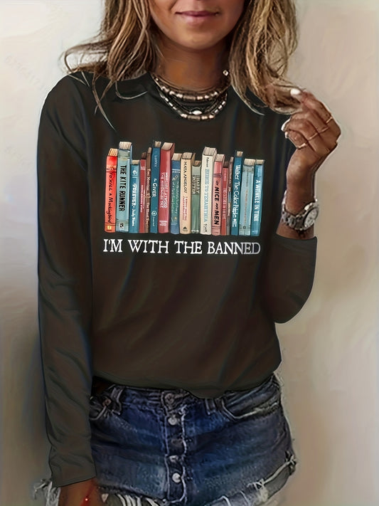 Introducing our Book & Letter Pattern Crew Neck T-Shirt, the perfect addition to your spring and fall wardrobe! This casual long sleeve top features a unique book and letter pattern, adding a touch of literary style to your outfit. Made for women, this t-shirt is versatile, comfortable, and perfect for any occasion. Get yours today!