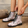 Spooky Chic: Women's Skull Pattern Combat Boots - Casual Halloween Lace-Up Ankle Boots