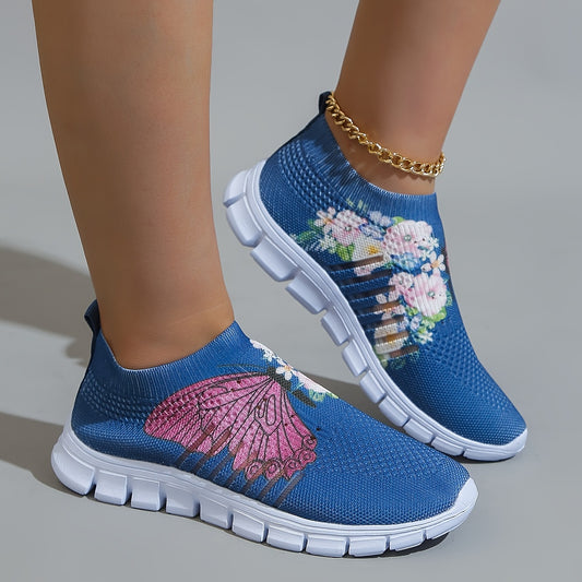 Stylish and Comfortable Women's Butterfly & Flower Print Sneakers: Lightweight Slip-On Shoes for Casual and Outdoor Wear