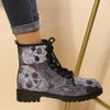 Horror Chic: Women's Skull Print Short Boots - Halloween-inspired Fashion with Lace-up Comfort