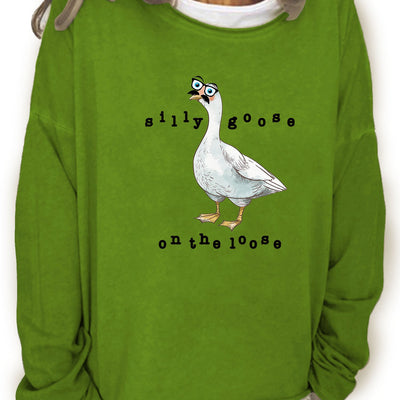 Casual and Cozy: Silly Goose Print Crew Neck Sweatshirt for Women